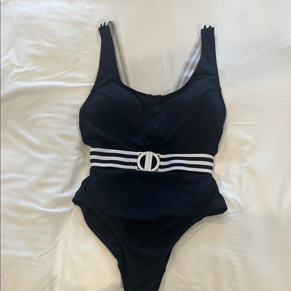Seafolly Black One-Piece Swimsuit with White Striped Belt